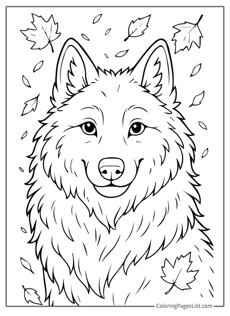 Smiling Wolf Surrounded by Falling Leaves Coloring Page