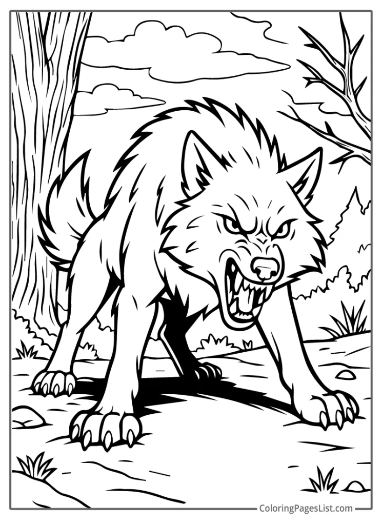 Snarling Wolf Standing Guard in the Forest Coloring Sheet