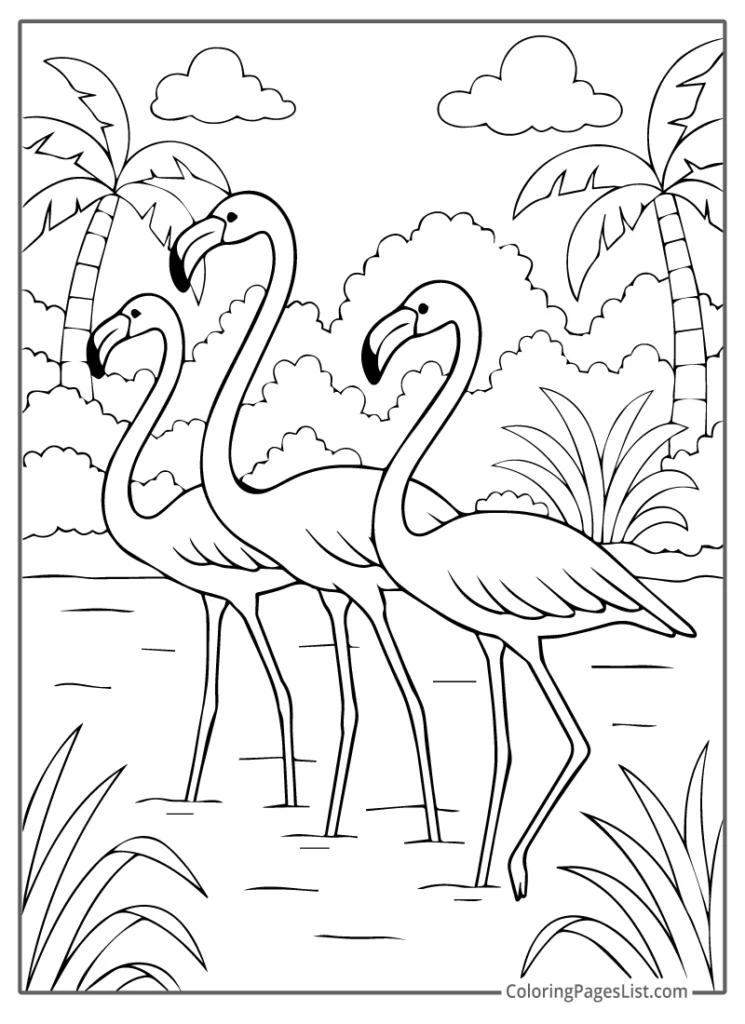 Three Flamingos in a Tropical Scene with Palm Trees For Coloring
