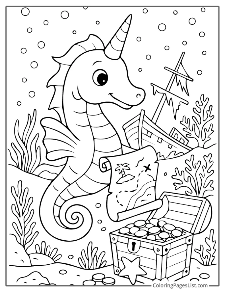 Treasure-Hunting Seahorse Unicorn Discovering a Sunken Chest For Coloring