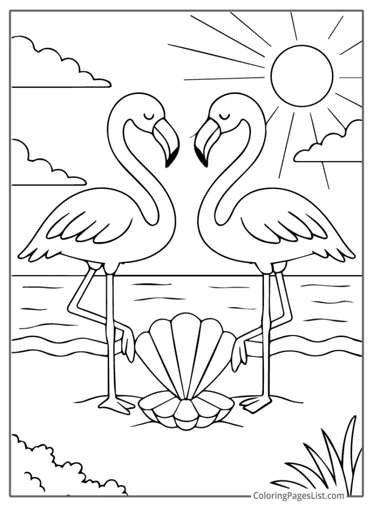 Two Flamingos Facing Each Other by the Sea Coloring Page