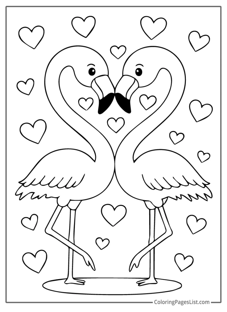 Two Flamingos Forming a Heart Surrounded by Floating Hearts Coloring Page