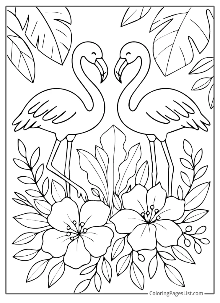 Two Flamingos Surrounded by Tropical Leaves and Hibiscus Flowers