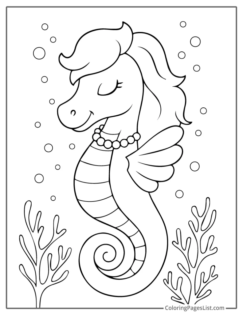 Undersea Beauty Seahorse Unicorn Wearing a Pearl Necklace To Color In