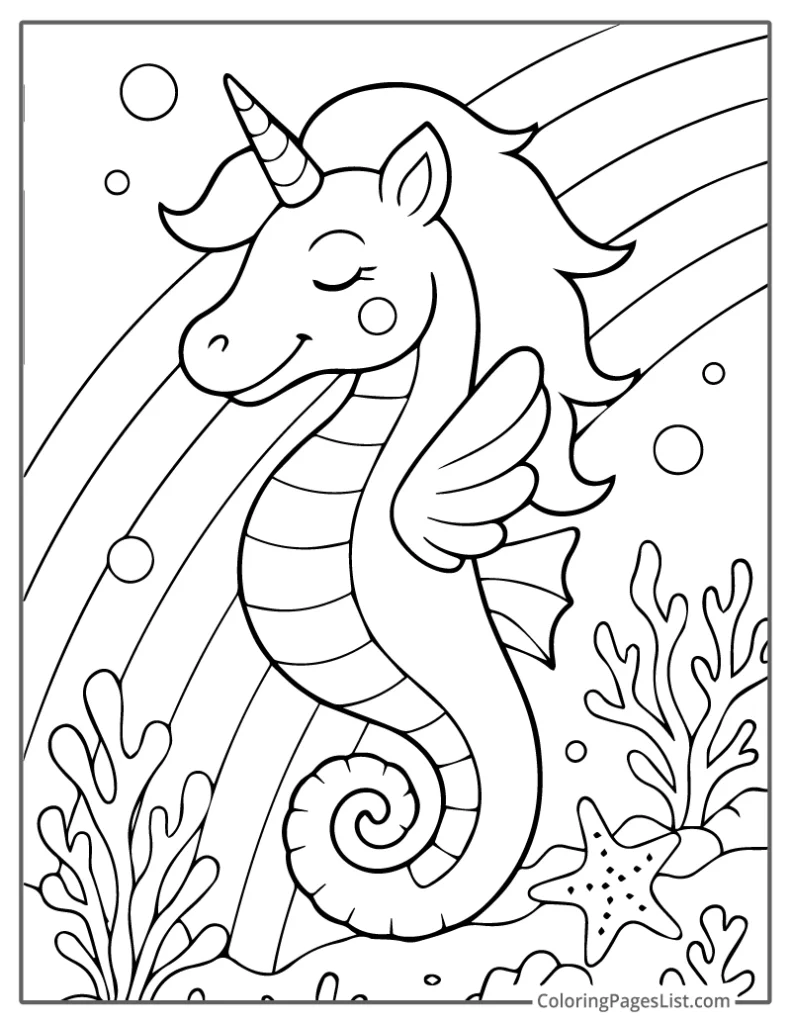 Unicorn Seahorse Posing in Front of an Ocean Rainbow Coloring Page