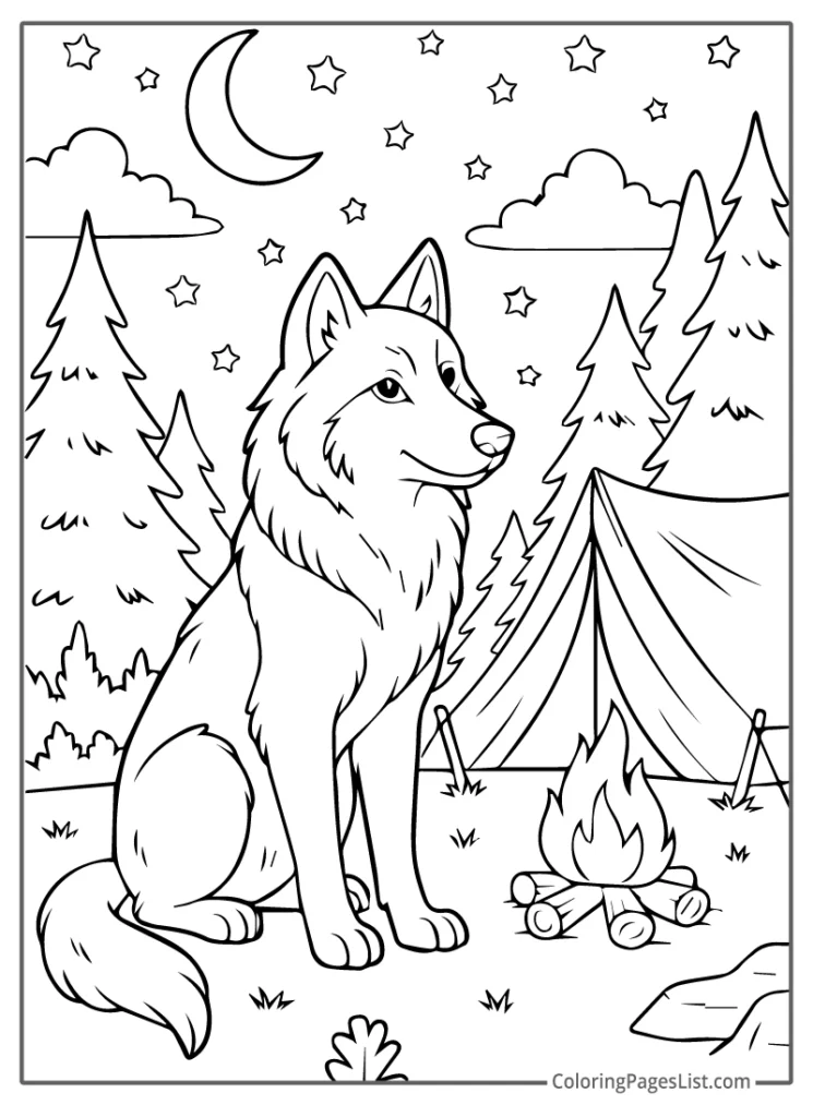 Wolf Sitting by a Campfire Near a Tent Under a Starry Sky Coloring Page