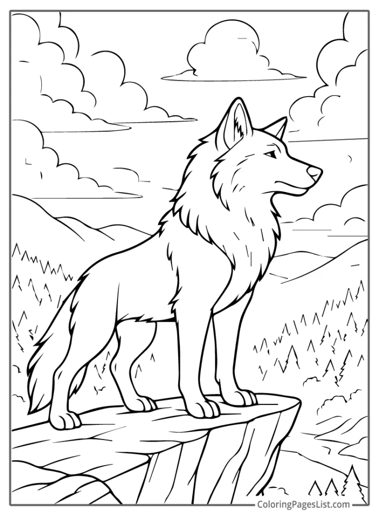 Wolf Standing Tall Over a Forest Valley Coloring Sheet For Kids