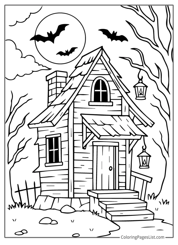 Abandoned Cabin With Hanging Lanterns For Coloring