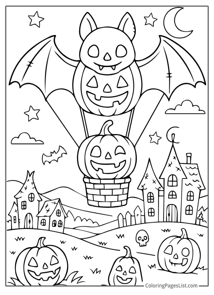 Bat Balloon Carrying Jack O Lantern Over Village Coloring Page