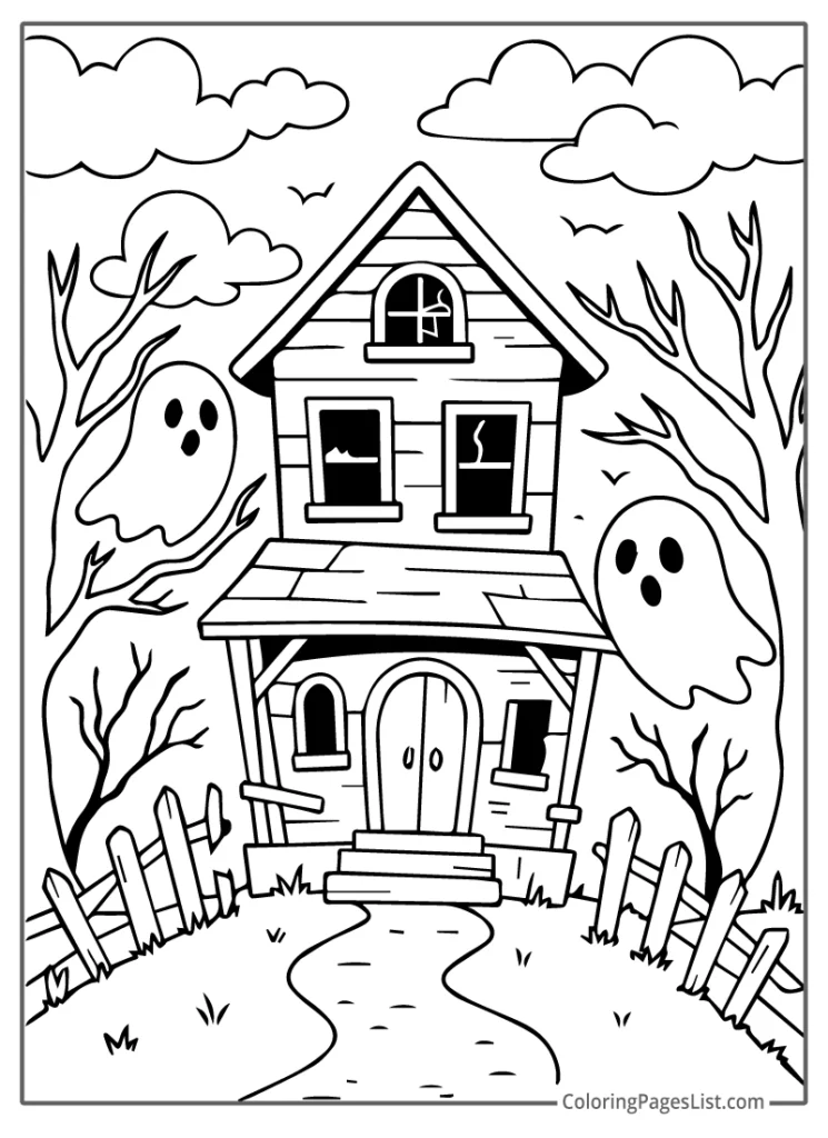 Broken Haunted House With Floating Ghosts Coloring Page
