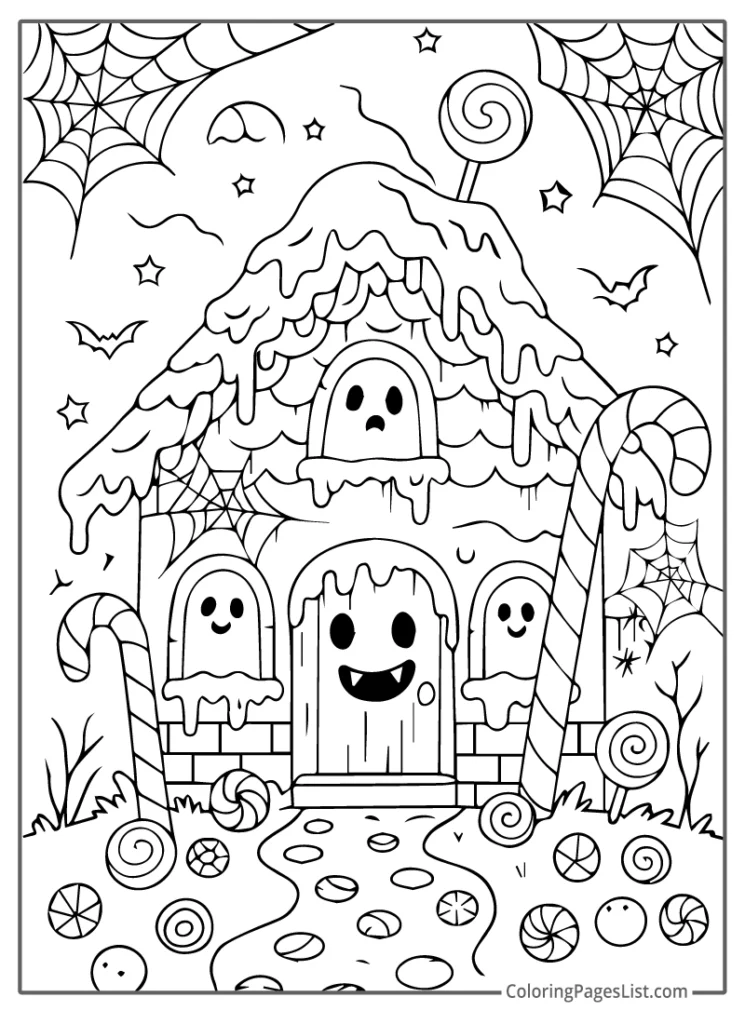 Candy Haunted House with Ghosts Coloring Page
