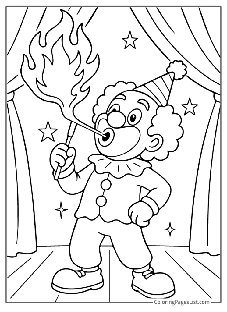 Clown Breathing Fire On Stage With Curtains And Stars