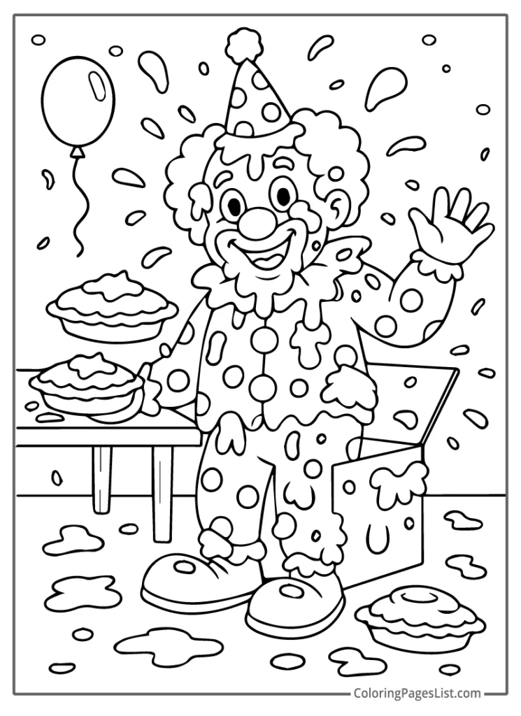 Clown Covered In Cream Pies And Smiling To Color In