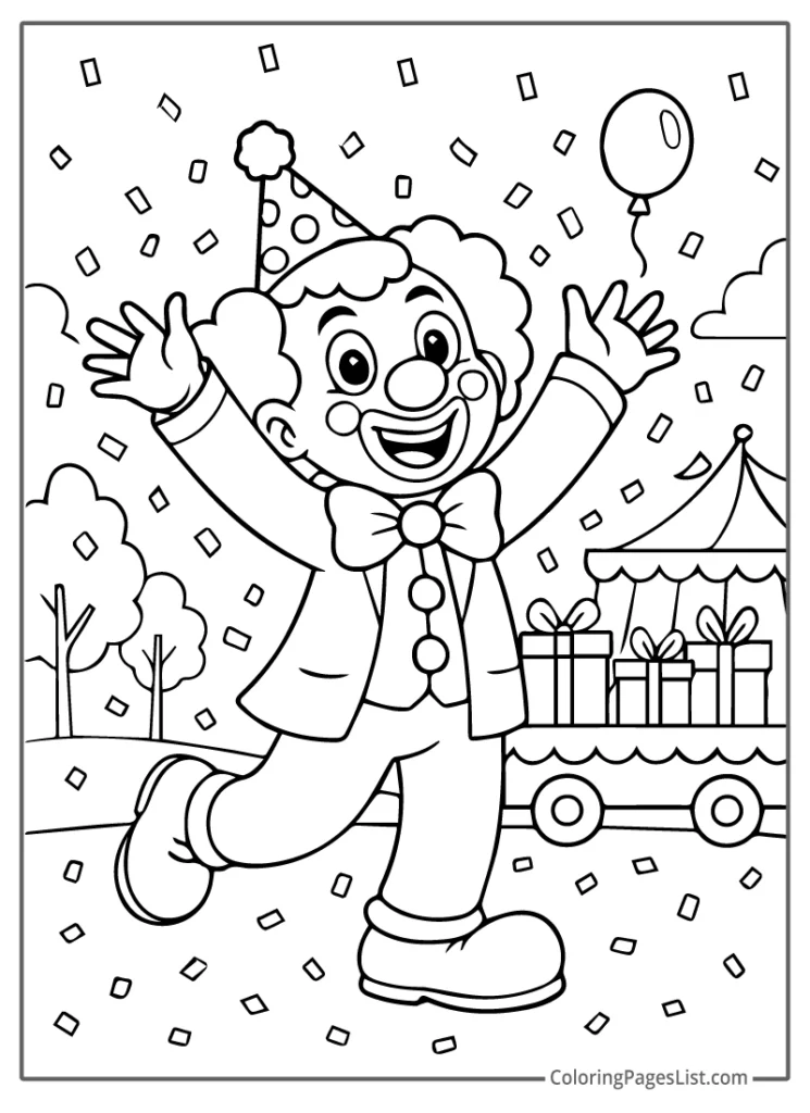 Clown Dancing With Confetti And Presents Coloring Page