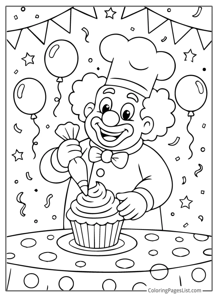 Clown Decorating A Giant Cupcake Coloring Sheet For Kids