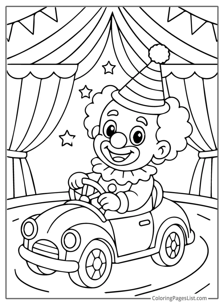 Clown Driving A Tiny Circus Car Coloring Sheet
