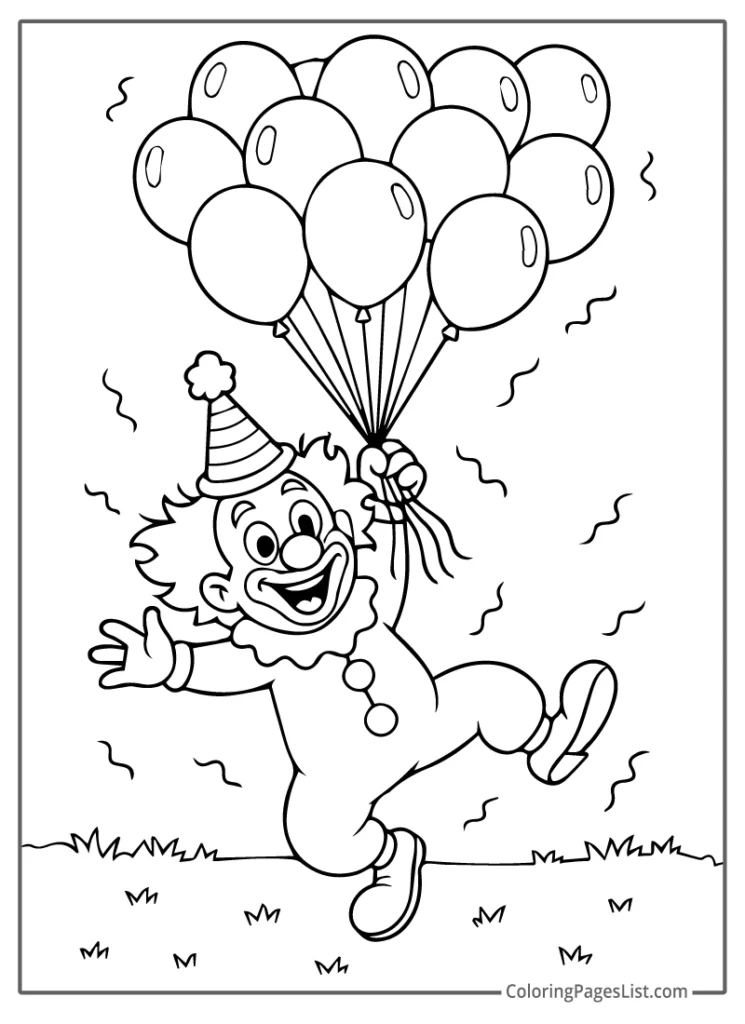 Clown Flying With A Bunch Of Balloons Outdoors For Coloring