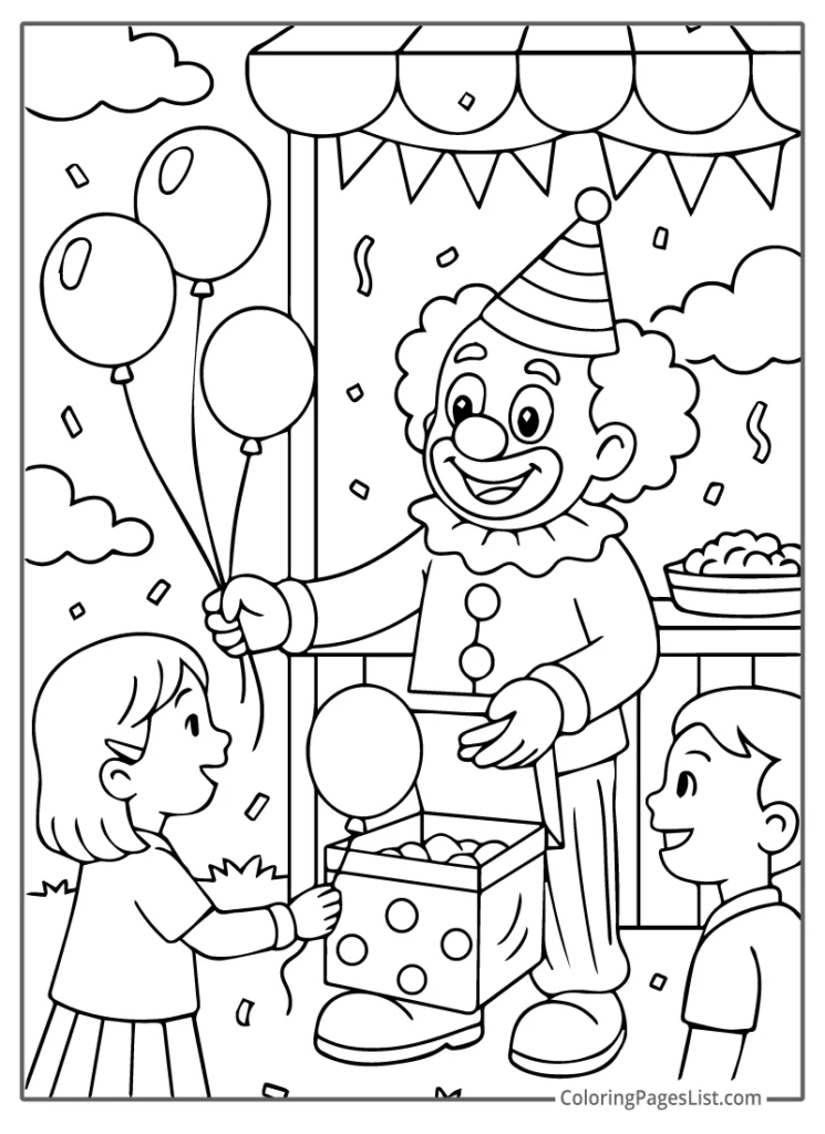 Clown Handing Balloons To Children At A Booth Coloring Page