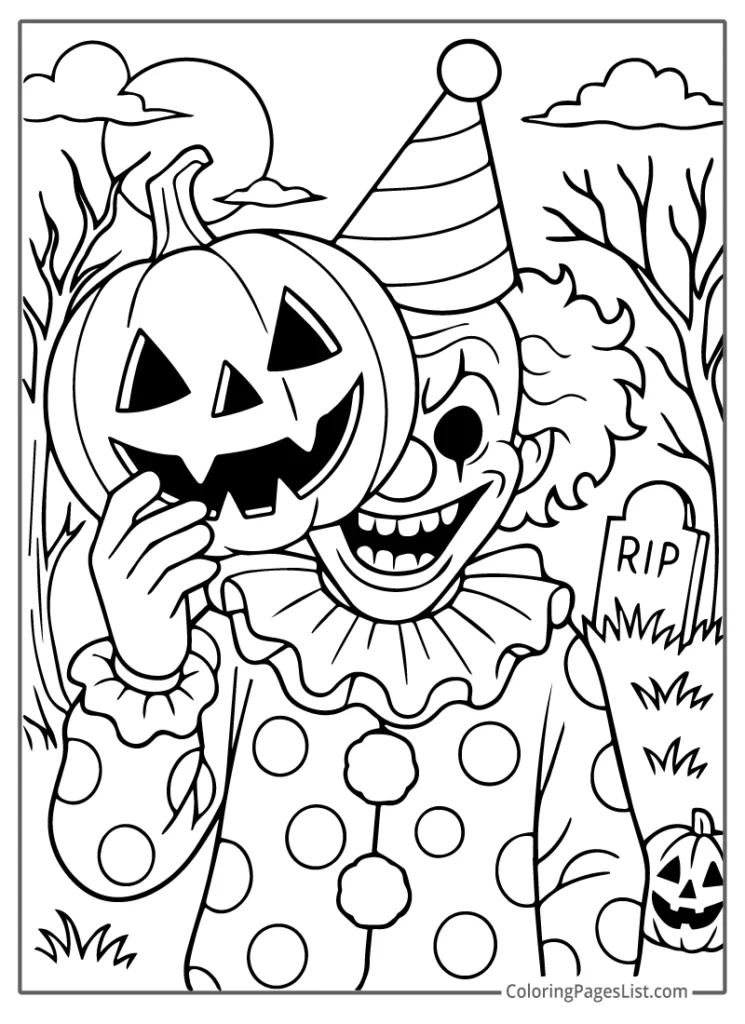 Clown Hiding Behind A Jack O Lantern Mask Coloring Page
