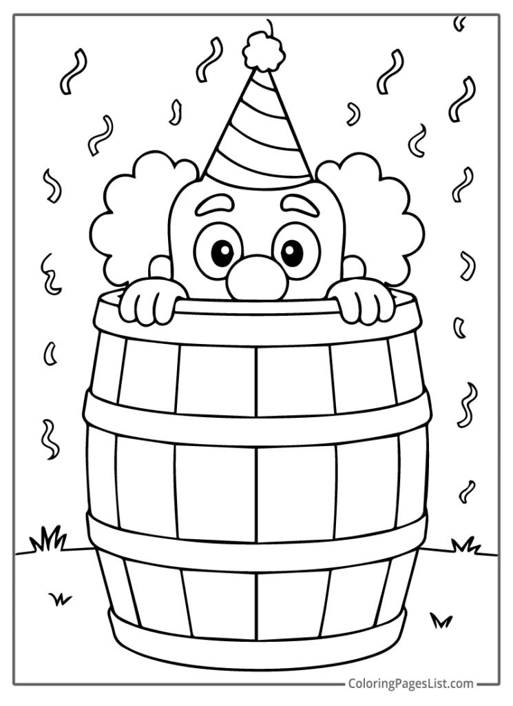 Clown Hiding Inside A Barrel With Confetti Falling Around