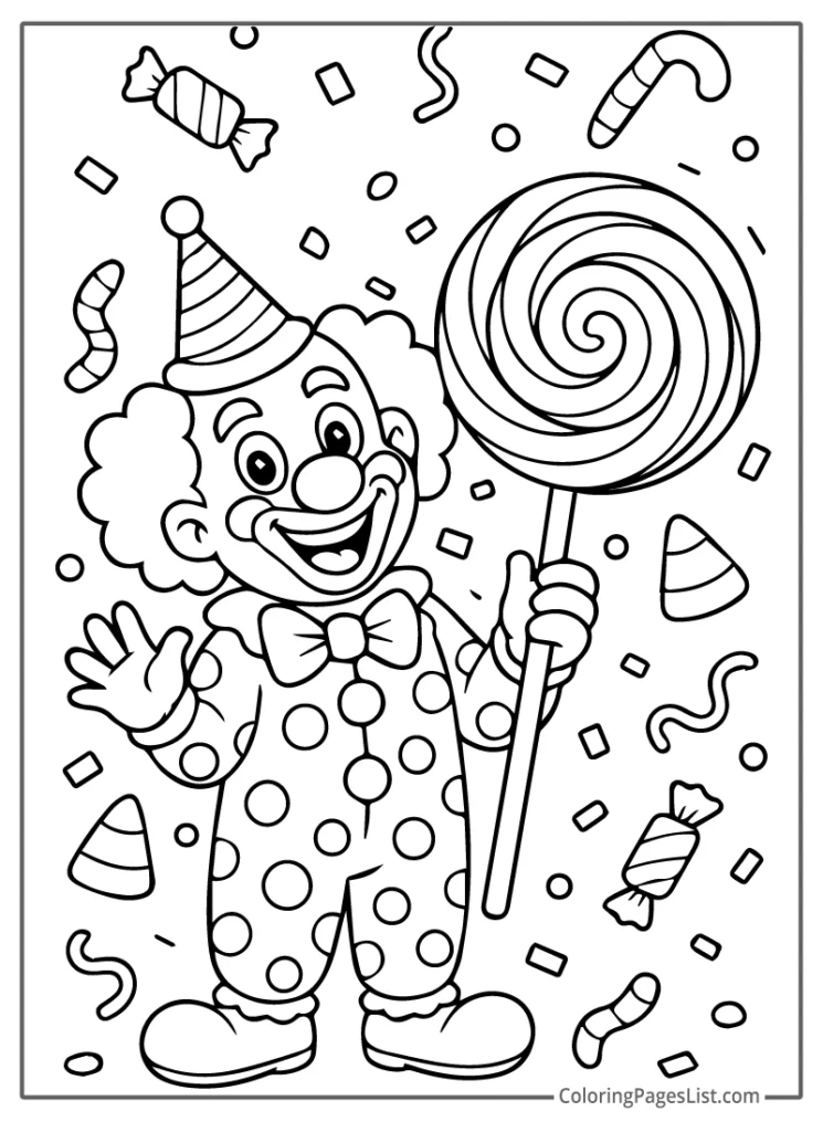 Clown Holding A Giant Lollipop With Candy Around For Coloring