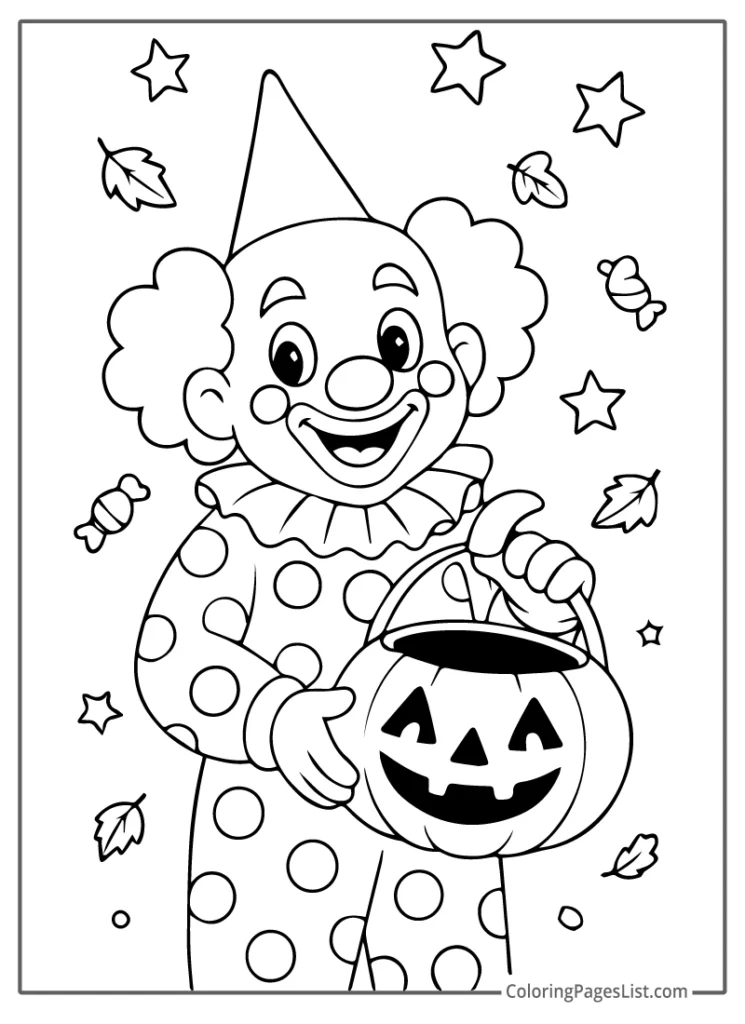 Clown Holding A Jack O Lantern Bucket With Candy Coloring Page