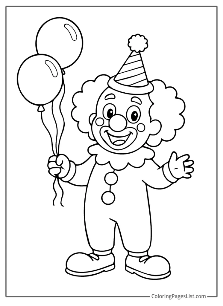 Clown Holding Two Balloons And Smiling To Color In