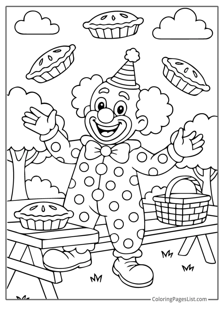 Clown Juggling Pies At A Picnic Coloring Page