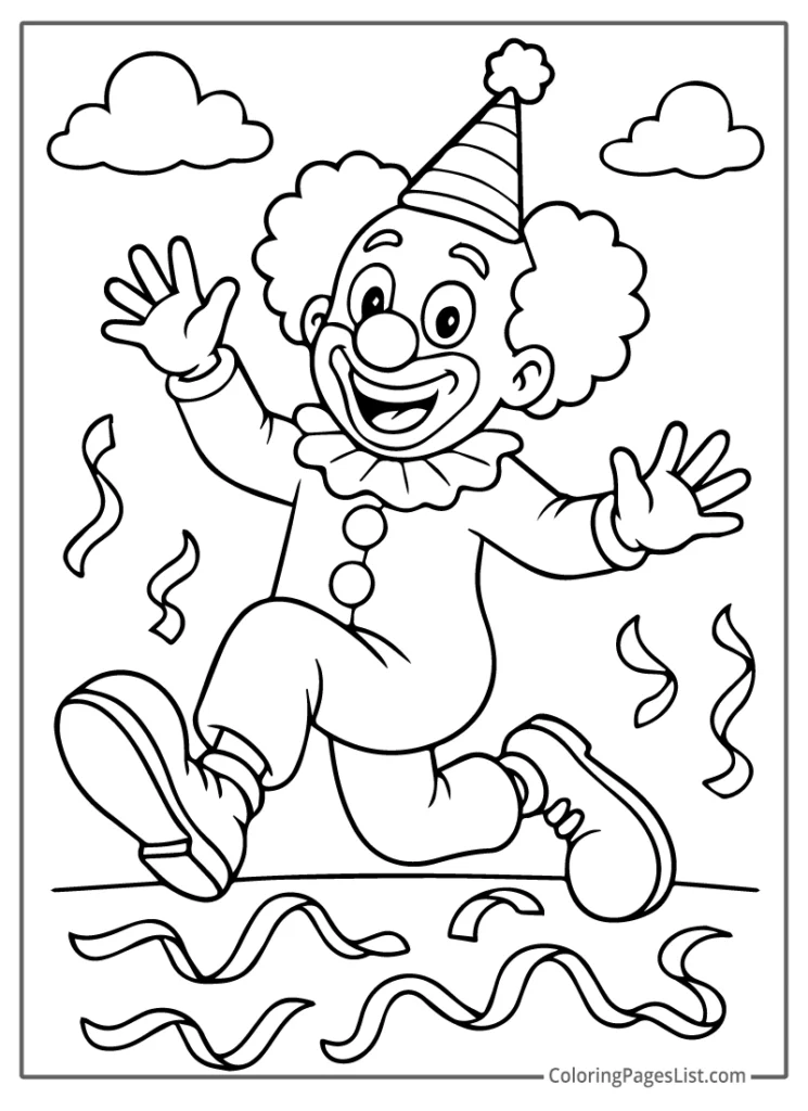 Clown Jumping Happily With Confetti And Clouds Around