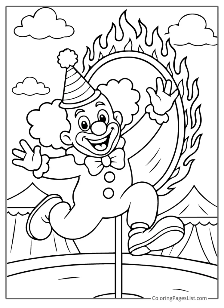 Clown Jumping Through A Ring Of Fire To Color In
