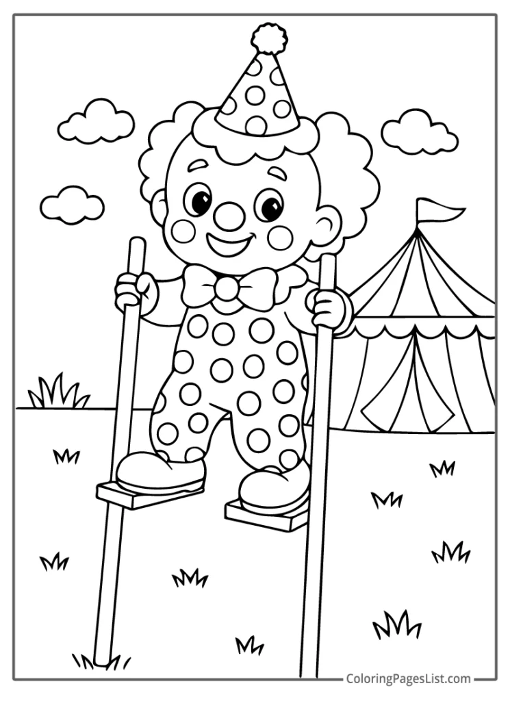 Clown On Stilts With Circus Tent For Coloring