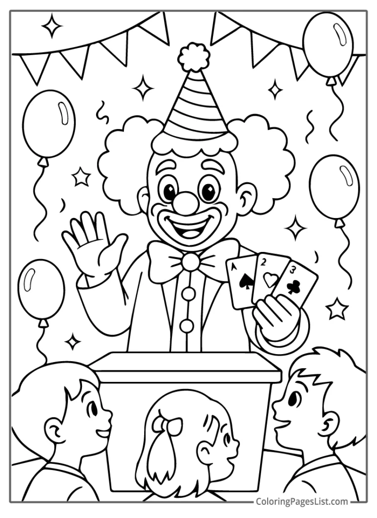 Clown Performing A Card Trick For Kids To Color In