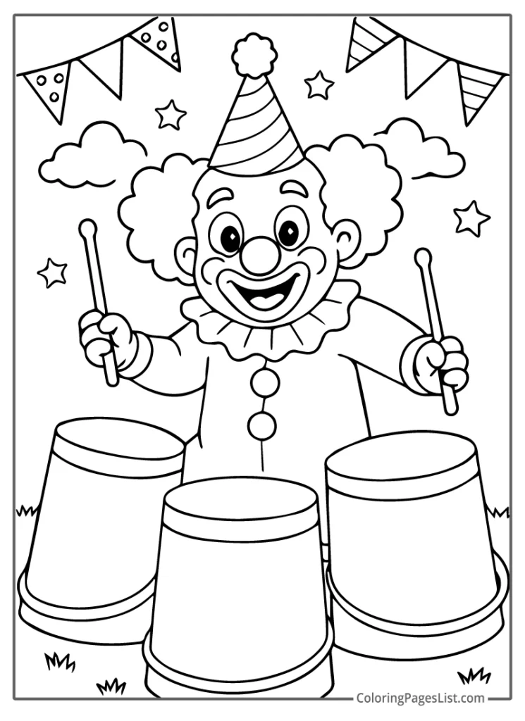 Clown Playing Drums Made From Buckets Under Flags For Coloring