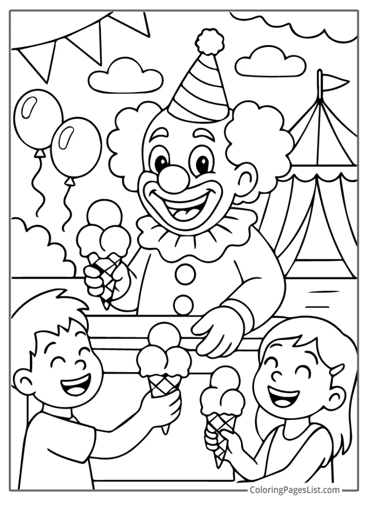 Clown Serving Ice Cream To Happy Kids Coloring Page