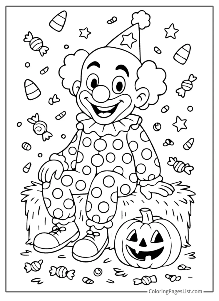 Clown Sitting On Hay Bale With Candy And Pumpkin Coloring Page