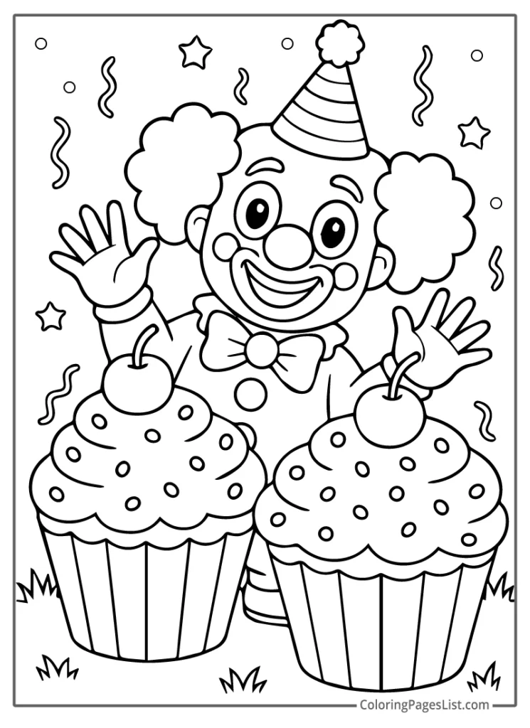 Clown Smiling Behind Two Giant Cupcakes Coloring Page