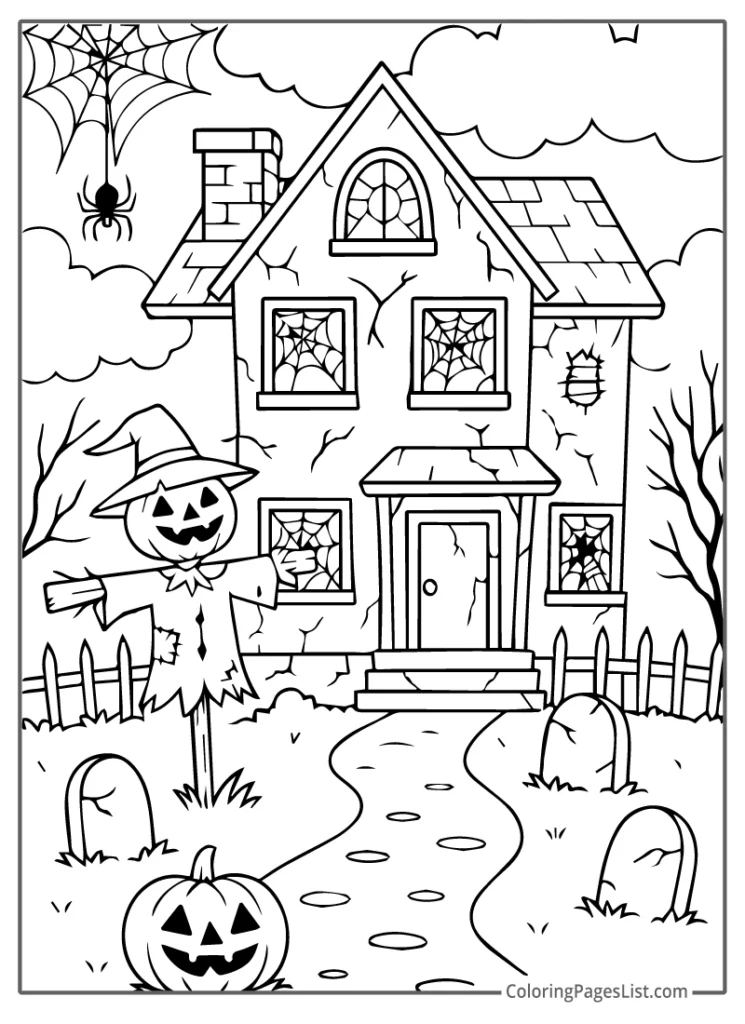 Cracked Haunted House With Scarecrow And Webs To Color In