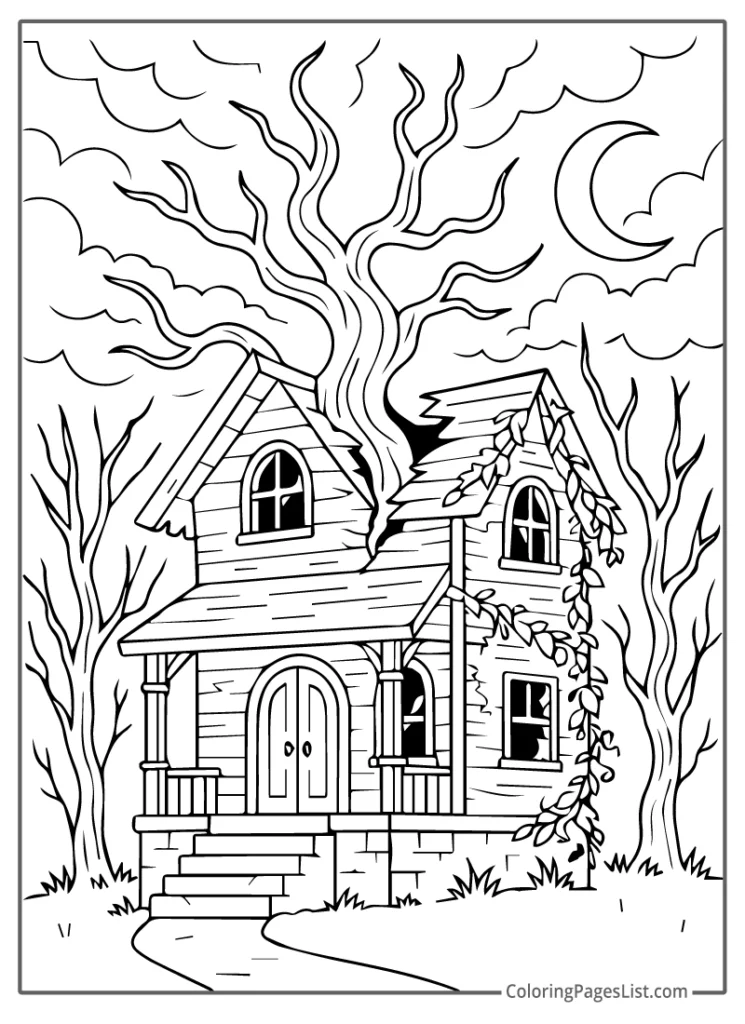 Cracked Haunted House With Twisting Vines Coloring Page