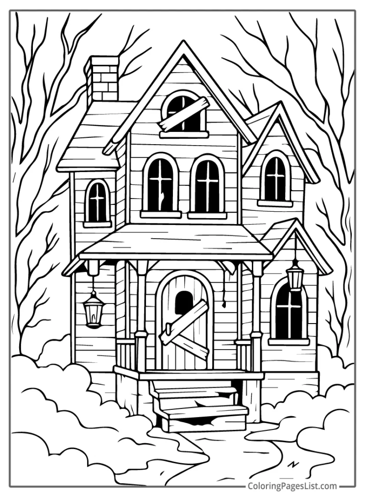 Creepy House with Vines and Crow To Color In