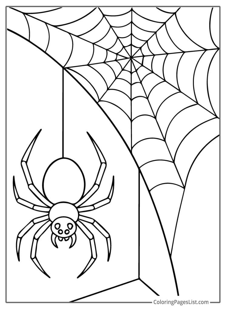 Creepy Spider In A Corner With A Horror Web Above Coloring Sheet For Kids