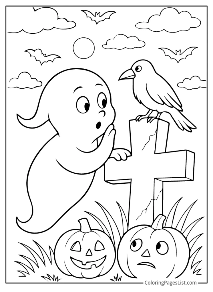 Curious Ghost and Crow by the Grave To Color In