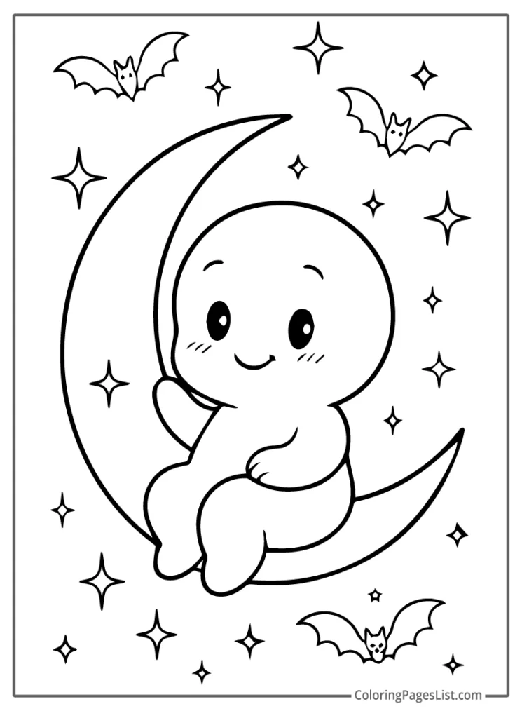 Cute Ghost Sitting on Moon with Bats Coloring Sheet