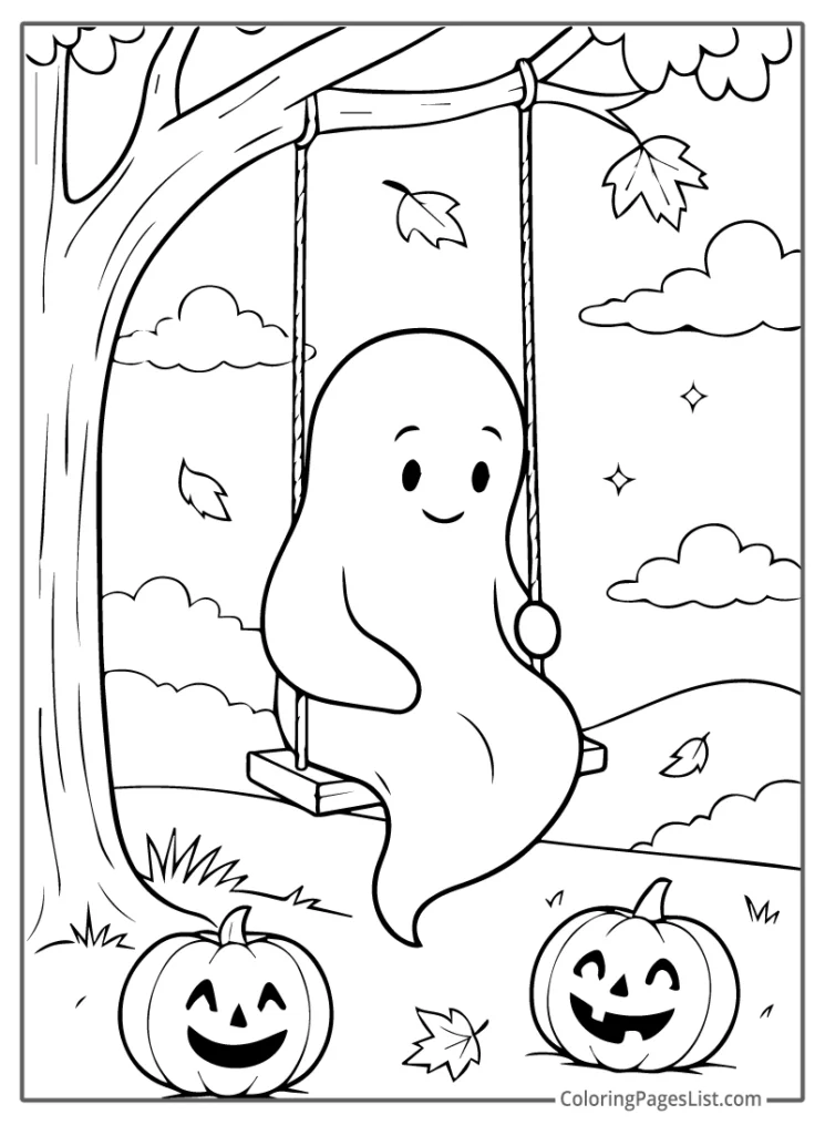 Cute Ghost on a Tree Swing To Color In