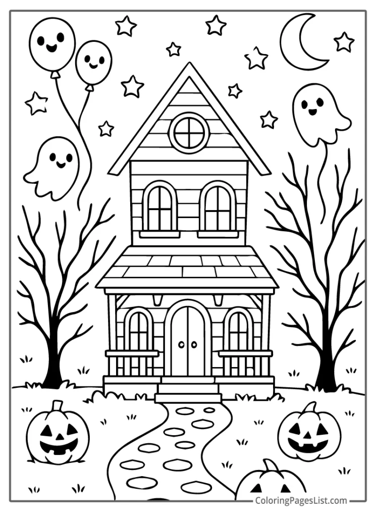 Cute Haunted House with Ghost Balloons Coloring Page