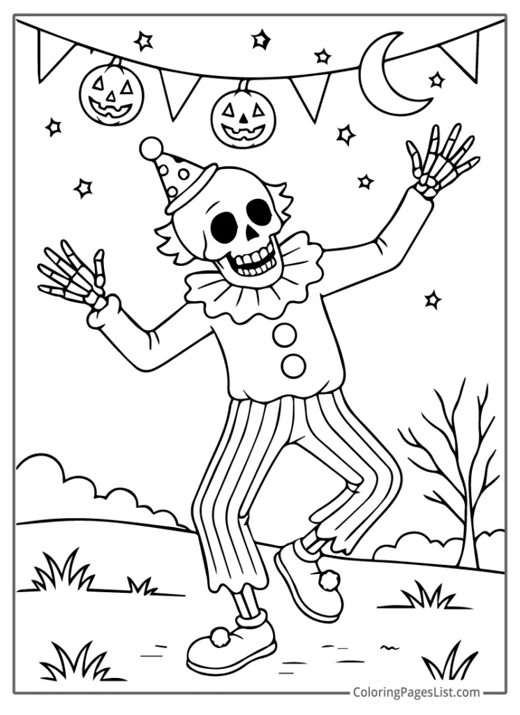 Dancing Skeleton Clown Under Halloween Decorations For Coloring