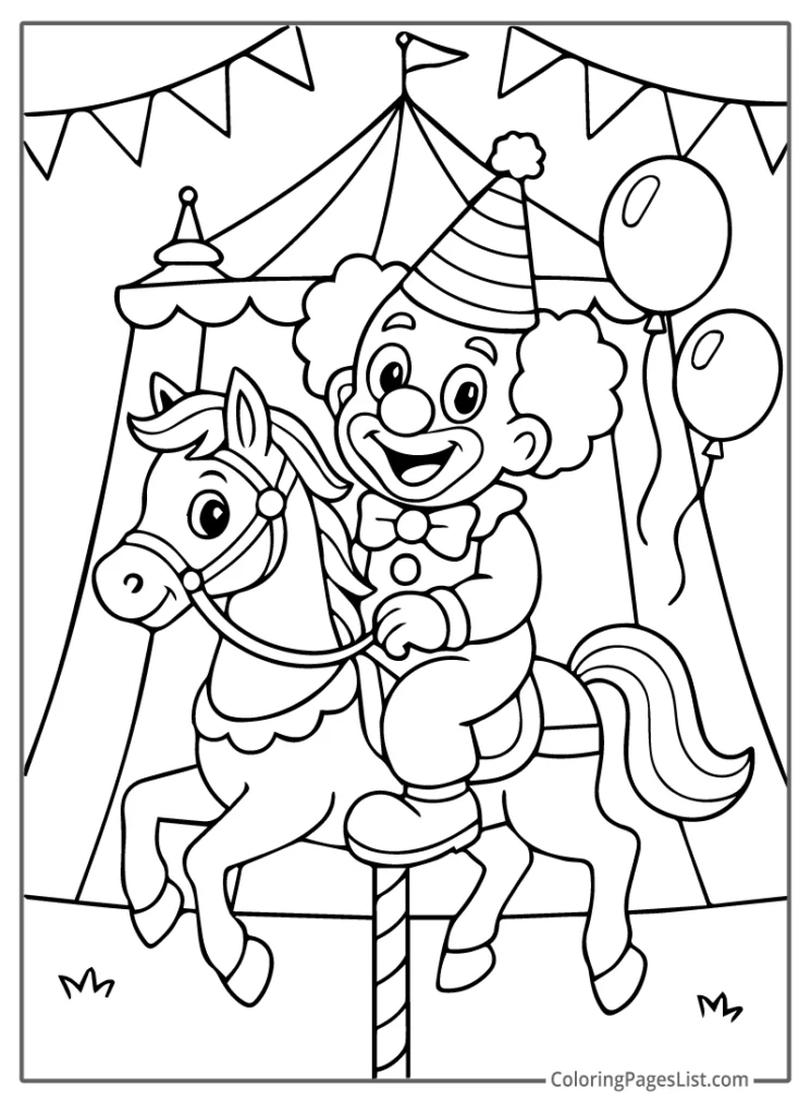 Detailed Outline Of Clown Riding A Carousel Horse Coloring Sheet