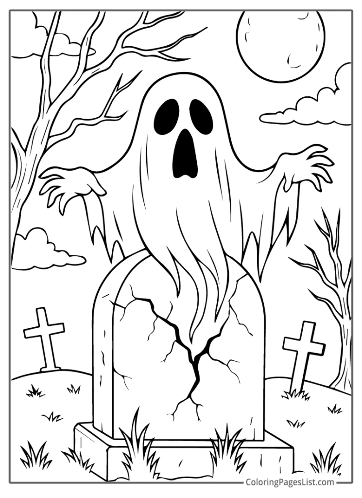 Detailed Outline Of Ghost Rising from a Cracked Tombstone Coloring Page