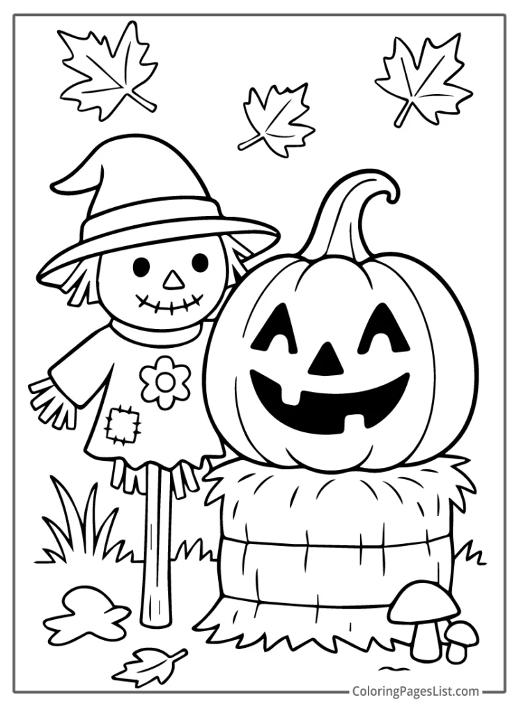 Detailed Outline Of Jack O Lantern Beside Scarecrow To Color In