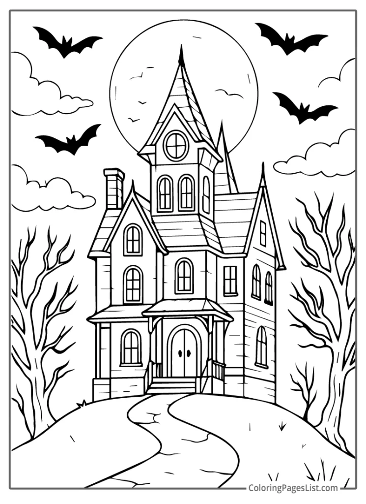 Detailed Outline Of Spooky Mansion Under Full Moon To Color In