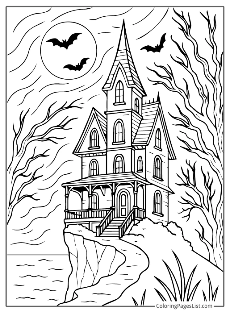 Detailed Outline Of Tall Haunted Mansion on Cliff For Coloring